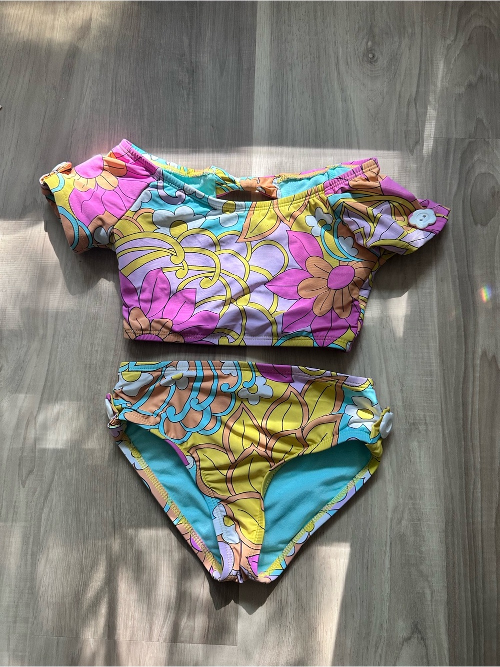 Girls Floral Off-Shoulder Two-Piece Swim Set - Pink & Aqua 3T/4T